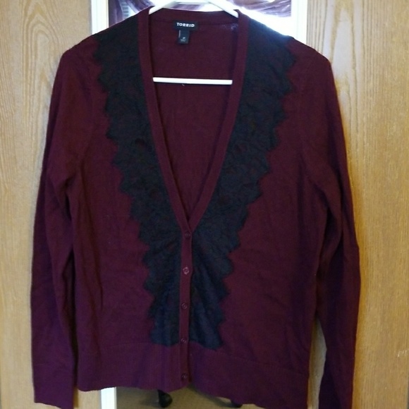 Torrid Wine and Black Lace Front Cardigan - Picture 1 of 2